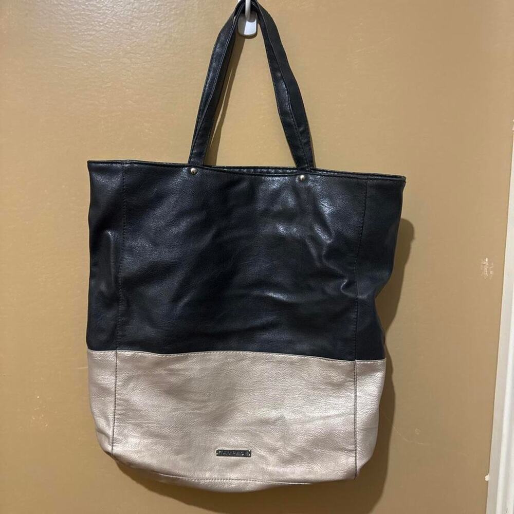 Black and beige color blocked tote